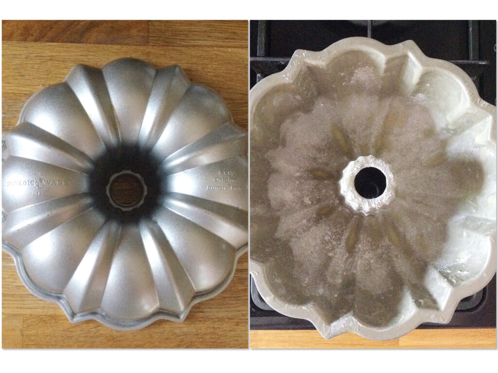 2 images of the Anniversary Bundt pan, one of the outside, the second shows the inside prepared with butter and flour so the cake batter does not stick during baking.