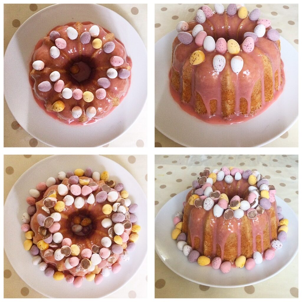 The different stages of decorating a Bundt cake with mini eggs.
