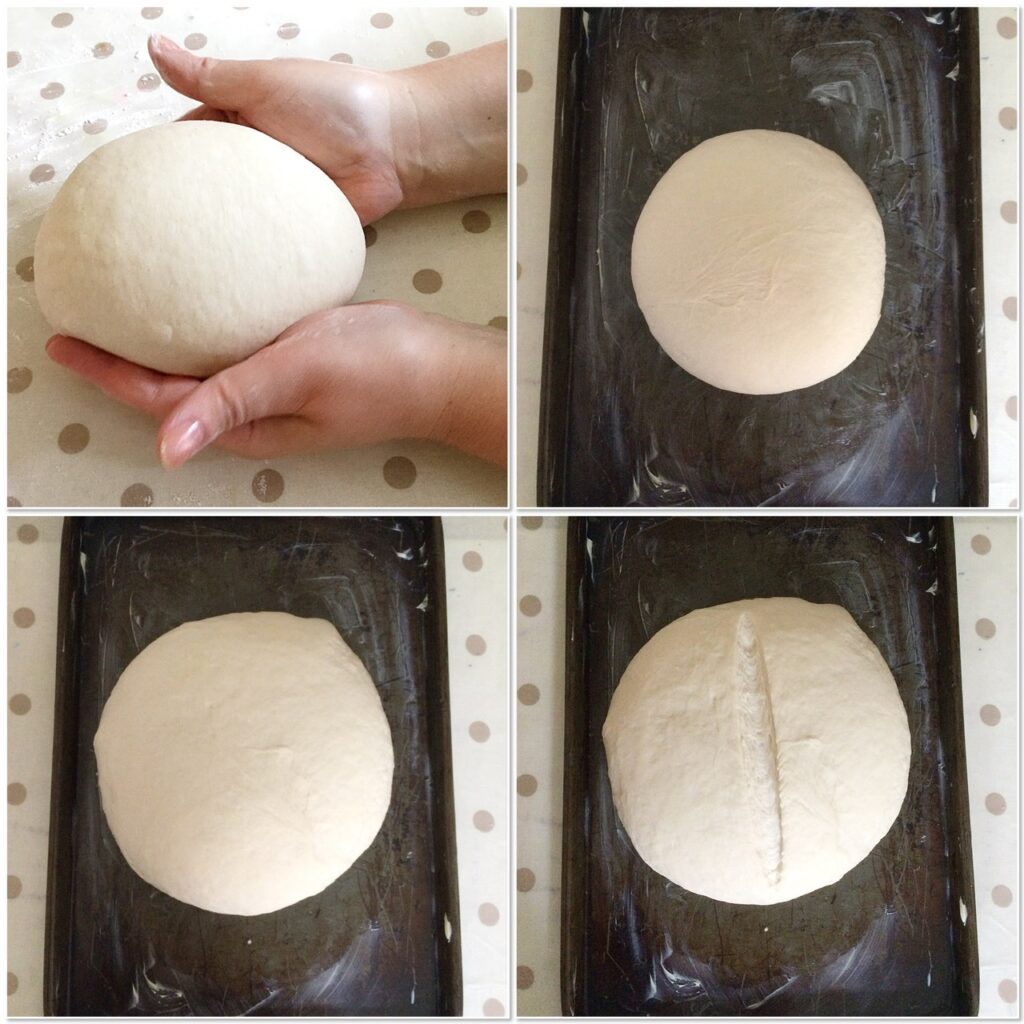 Shaping, proving and scoring dough for a cob loaf.