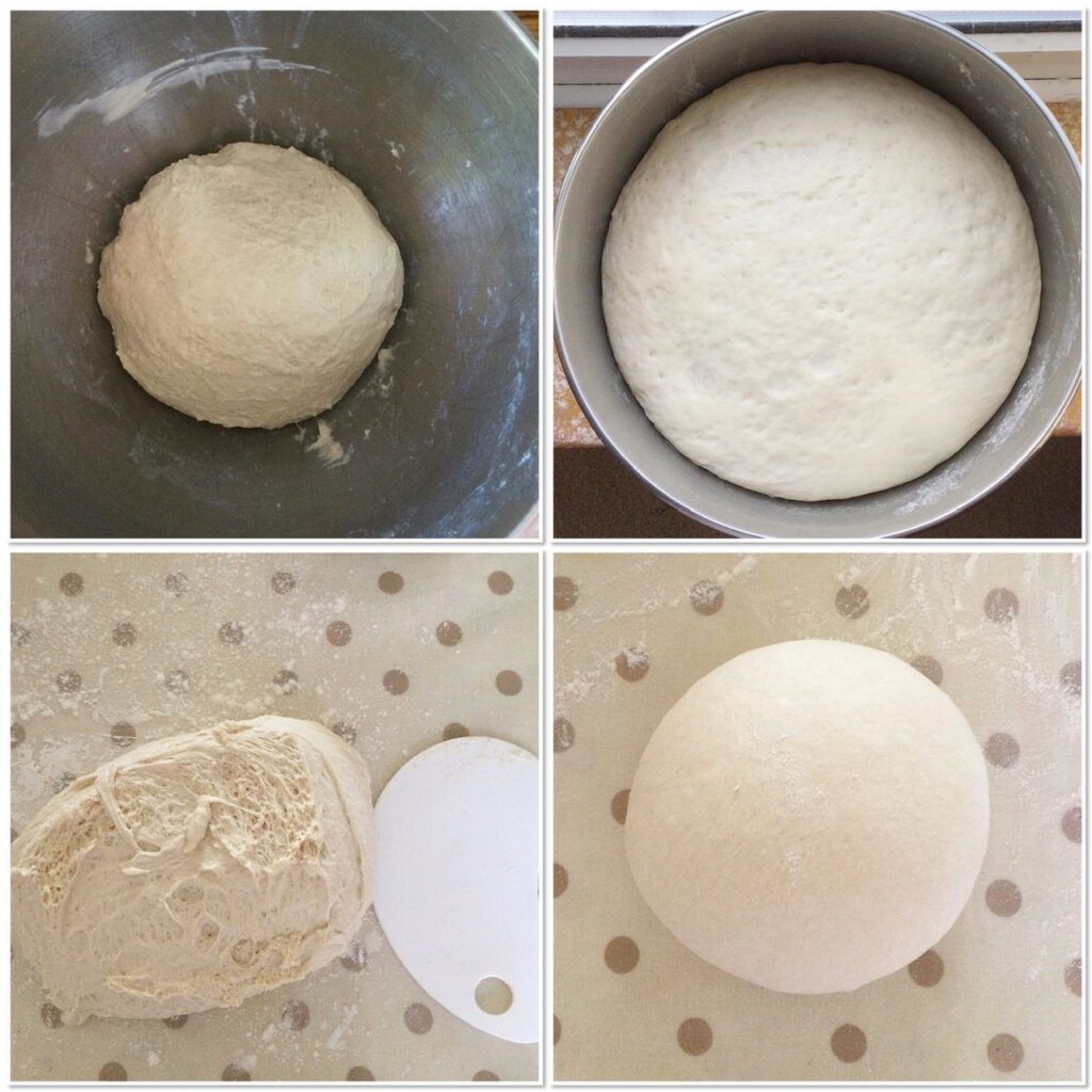 Four images showing dough being proved during bread making.