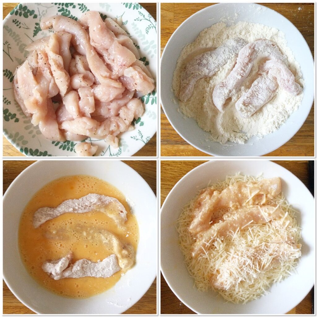 Images showing the steps to coat the chicken.