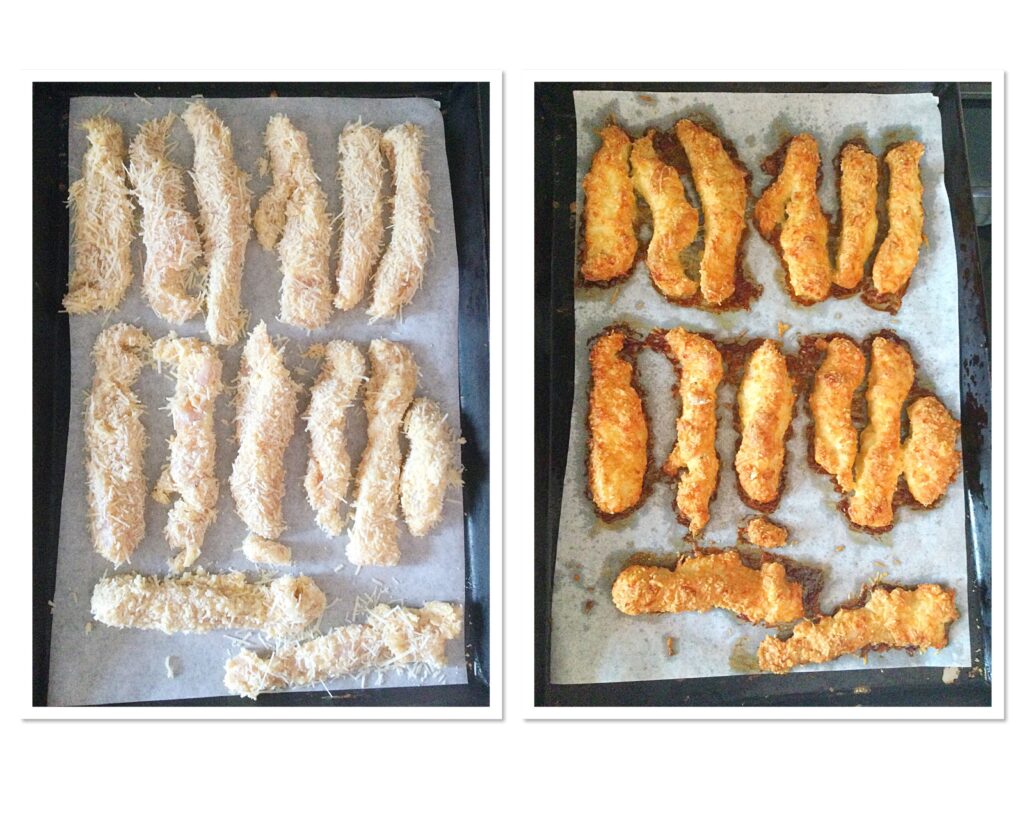 The cheese coated strips before and after baking.