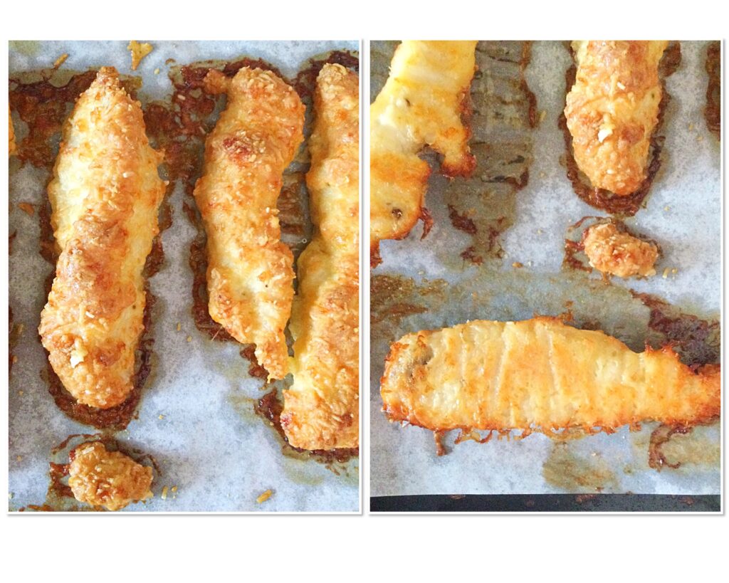 Close up images of the crispy, baked, Parmesan chicken Goujons.